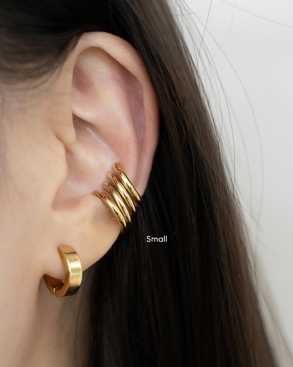 Gold Ear Cuff with Triple Ball Chain Stud Earring